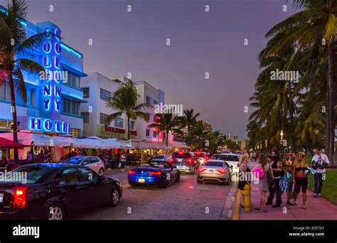 Ocean Drive At Night With Colony Hotel To The Left South Beach Miami Beach Florida USA Stock