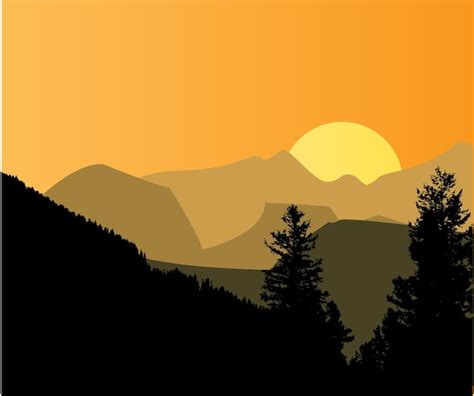Premium Vector A Sunset With A Mountain Silhouette In The Background