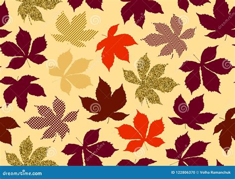 Fall Leaves Seamless Pattern With Gold Glitter Texture Vector