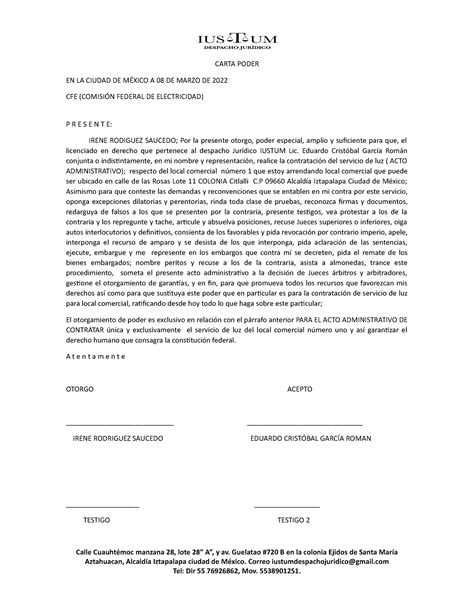 Carta Poder Irene Chulo Carta Poder En La Ciudad De MÉxico A 08 De