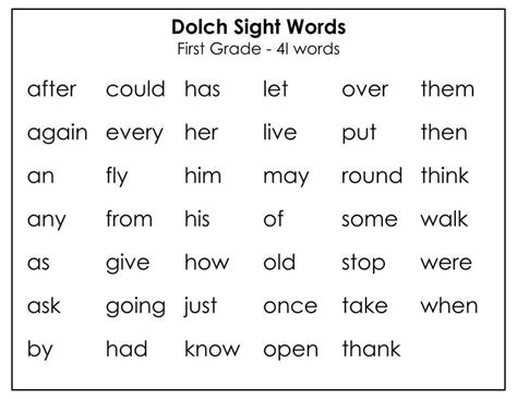 Printable Dolch First Grade Sight Words Flashcards 41 Cards Child