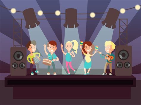 Music Show With Kids Band Playing Rock On Stage Cartoon Vector Illustr