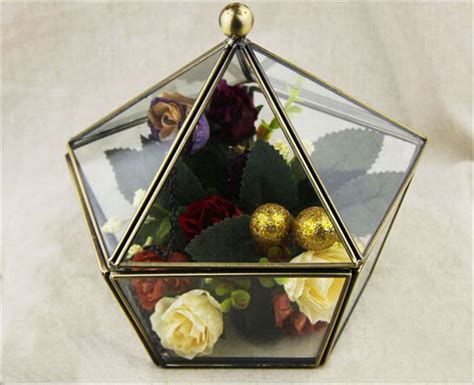 Brass And Glass Box Pentagon Shaped Dome Lid Vintage Jewelry Case Miniature Terrarium Display