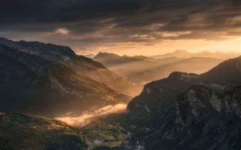 Nature Landscape Mountain Valley Mist Clouds Village Sun Rays France