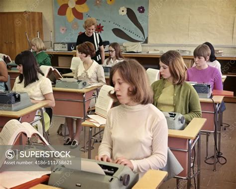 1960s All Girl High School Typing Class Typewriters Desks Typing Teacher Woman Future