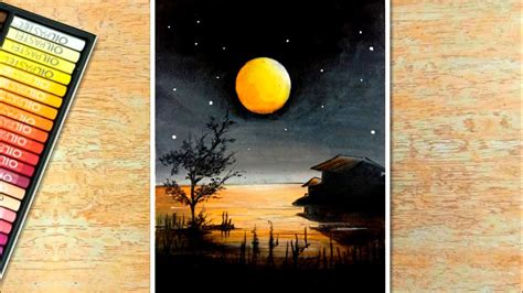 How To Draw Moonlight Scenery Easy Oil Pastel Drawing For Beginners