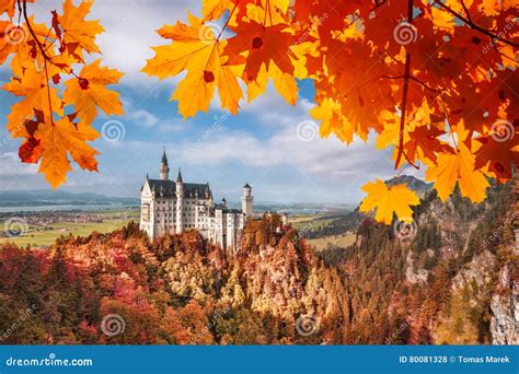Neuschwanstein Castle With Autumn Leaves In Bavaria Germany Stock