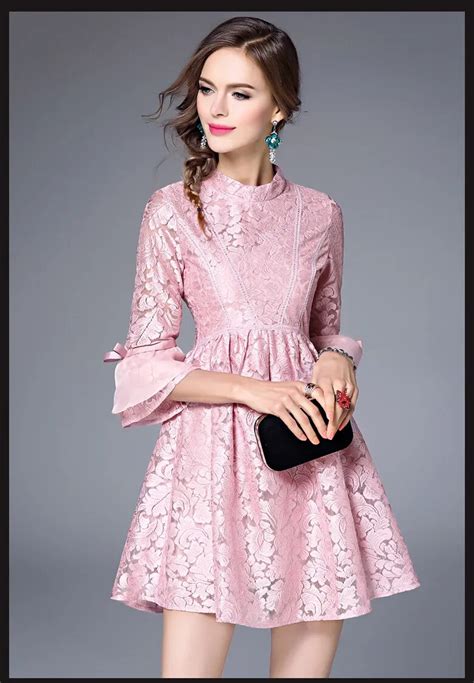 Women Dresses 2017 New Pink Princess Dress Fashion Jacquard Lace Dress