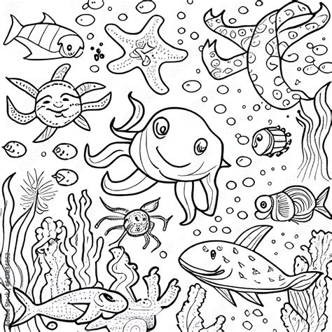 Coloring Pages For Kids Under The Sea Cute Marine Life Stock