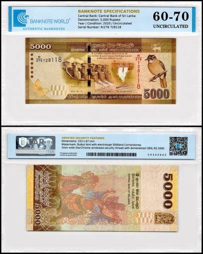 Sri Lanka 5000 Rupees Banknote 2020 P 128g Unc Tap 60 70 Authenticated