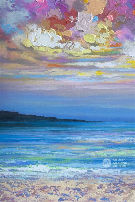 Seascape Painting Of Ocean Beach And Colourful Sunset Sky By