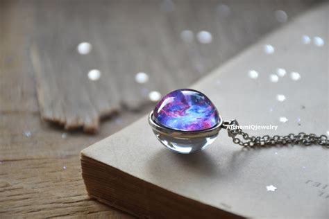 Galaxy Glass Necklacenebula Ball Necklacespace Double Sided Etsy