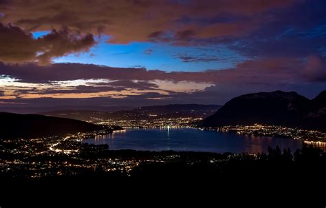Wallpaper Mountains Night The City Lights Lake France Annecy The