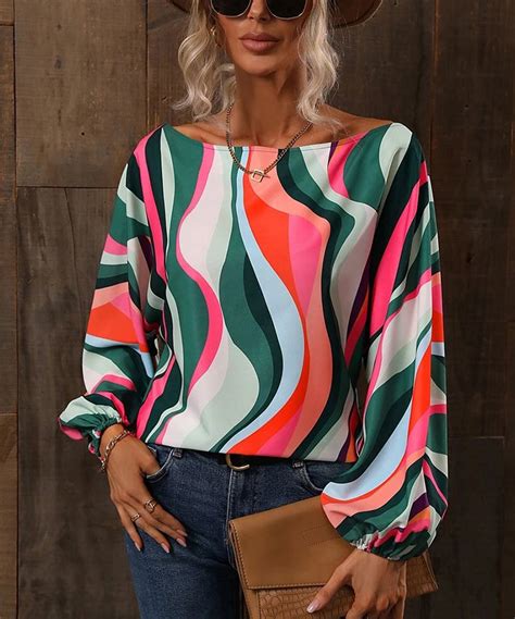 Rose Red And Dark Green Abstract Puff Sleeve Asymmetrical Top Women