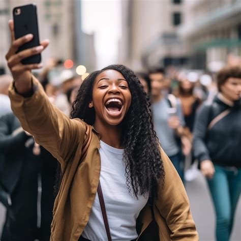 Premium Ai Image City Girl Happily Taking A Public Selfie