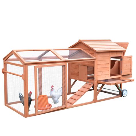 Pawhut 98 Portable Wooden Chicken Coop With Wheels Outdoor Run And