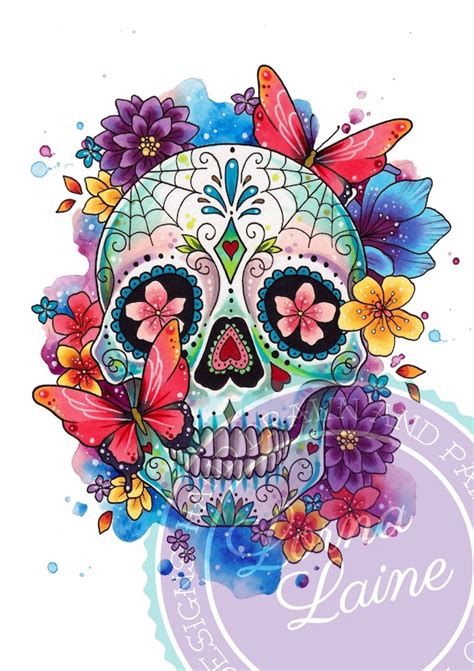 Sugar Skull Print Tattoo Design Day Of The Dead Art Tattoo Etsy