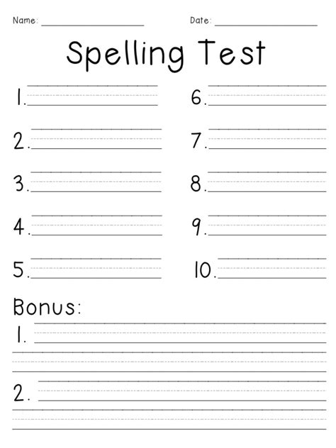 Printable Spelling Test Template 10 Words Printable Templates