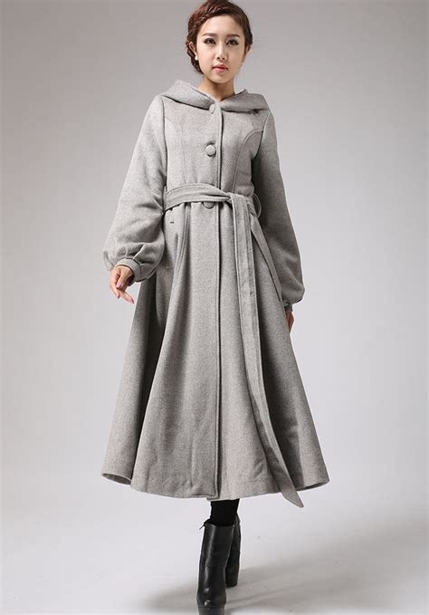 Maxi Wool Coat Long Sleeve Womens Long Swing Coat With Hood And Self T
