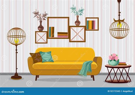Interior Living Room Illustration In Flat Design With Shadows Stock