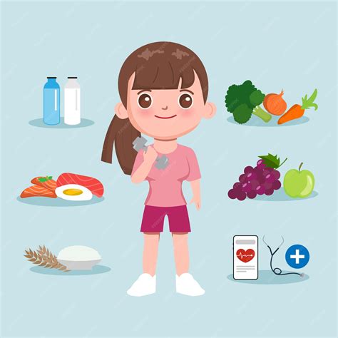 Premium Vector Cute Girl Cartoon Character Healthy Food And Exercise