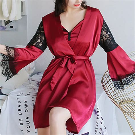 New Winter Women Sexy Soft Satin Silk Kimono Bathrobe Nightgown Set Lace Lingerie Nightdress