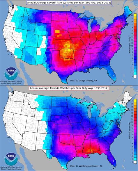 Annual Average Severe Thunderstorm And Tornado Watches Per Year By