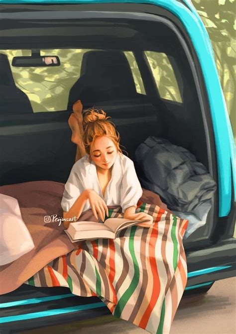 Road Trip Art Print Book Lover Reading Girl On The Way Etsy Cartoon