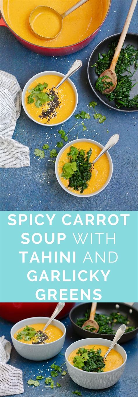 Velvety Smooth Spicy Carrot Soup With Tahini And Topped With Garlicky
