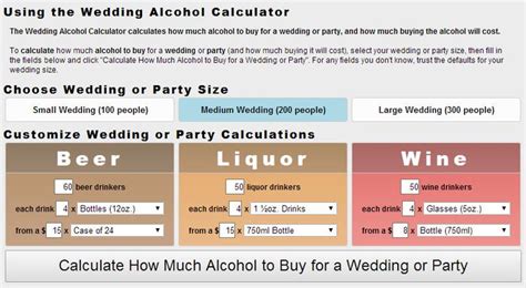 In the wedding budget calculator, you may input the number of guests to see the average total cost per person. The Wedding Alcohol Calculator calculates how much alcohol to buy for a wedding or party, and ...
