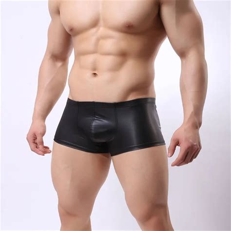 Leather Sexy Men Boxer Underwear Mens Black Nylon Spandex Boxers Shorts U Convex Pouch