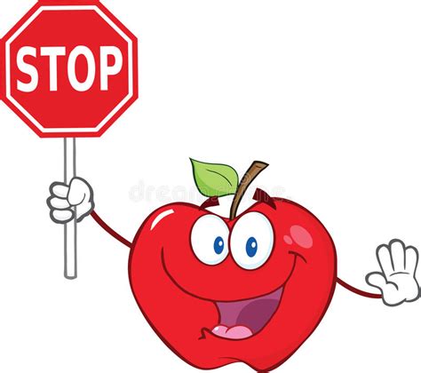 Apple Cartoon Mascot Character Holding A Stop Sign Stock