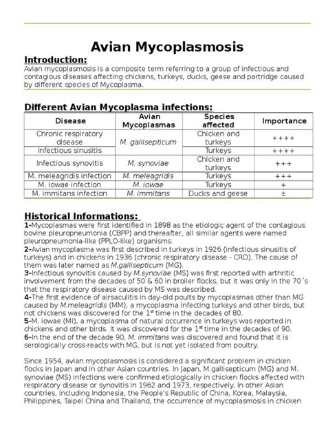 Avian Mycoplasmosis Mycoplasma Infection