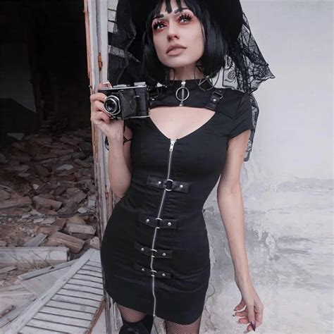 women mini dresses gothic chic cool bodycon stand collar zipper plain hollow rivet punk style