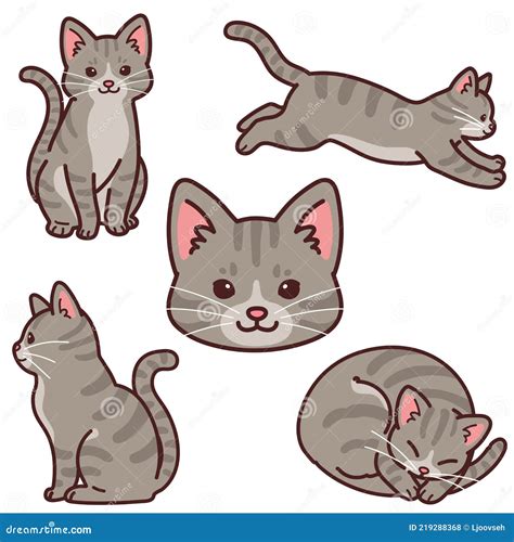 Set Of Simple And Adorable Gray Tabby Cat Illustrations Outlined Stock