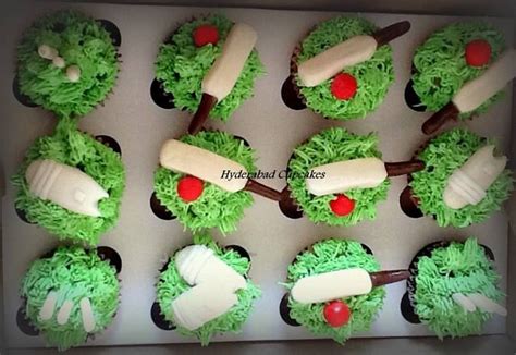 Cricket Themed Custom Cupcakes With Handmade Edible Cricket Bats Balls