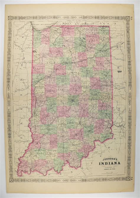 Large 1864 Johnson Map Of Indiana Original Hand Color Antique Etsy In