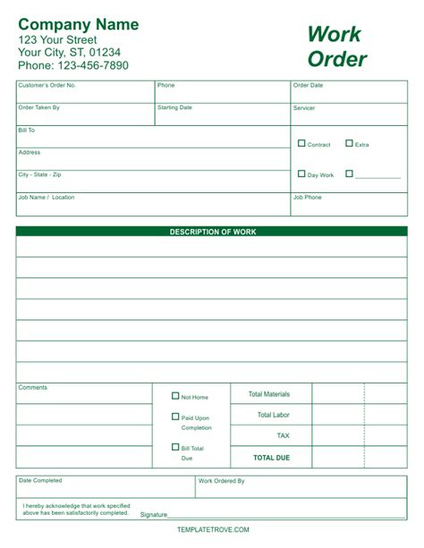 Printable Work Order Forms