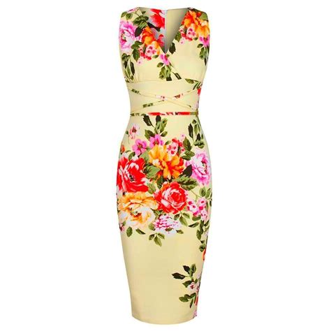 Yellow Floral Print Sleeveless Crossover Top Empire Waist Wiggle Dress