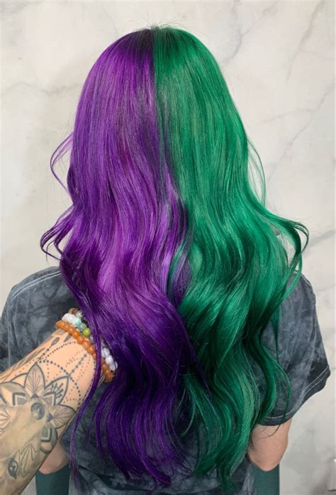 Half Royal Purple Half Emerald Green Long Wavy Hair Half Dyed Hair