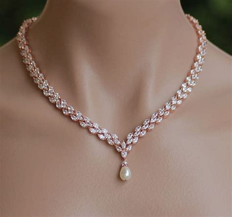 Rose Gold Crystal Necklace Pearl Drop Crystal Necklace Rose Etsy