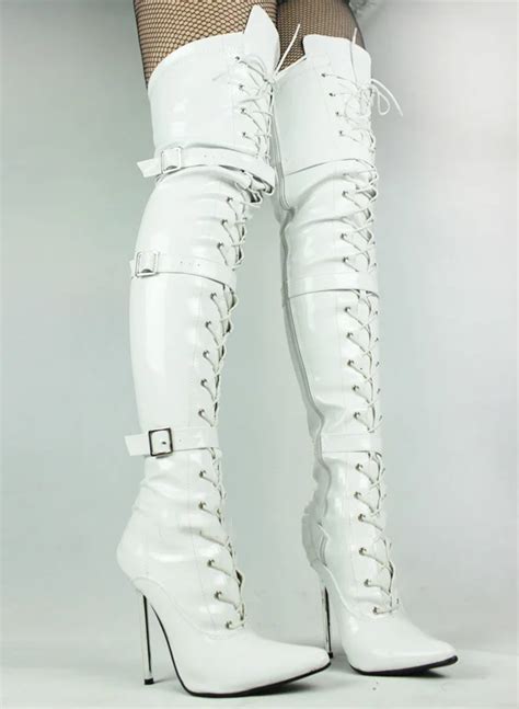 buckle strap thigh high boots patent leather white over the knee sexy boots women motorcycle