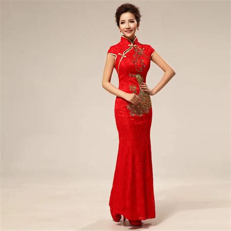 Red Lace Cheongsam Dress Bride Wedding Qipao Chinese Traditional Dress Women Oriental