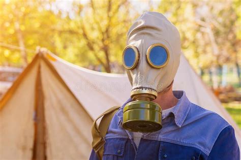 Man In Gas Mask With Selective Focus Background Stock Photo Image Of