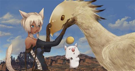 Miqo Te Moogle And A Chocobo Final Fantasy Xiv Final Fantasy Nekomimi