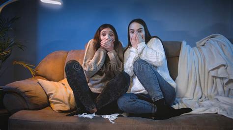 Two Girls Got Scared While Watching Scary Horror Movie On Tv At Night