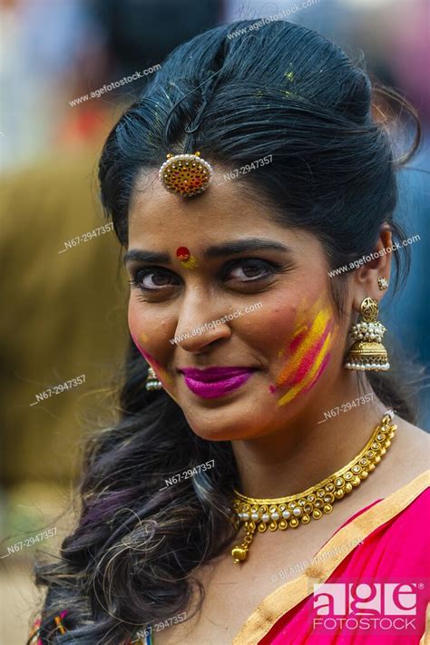 Beautiful Indian Woman Holi Festival Of Colors Mathura Uttar