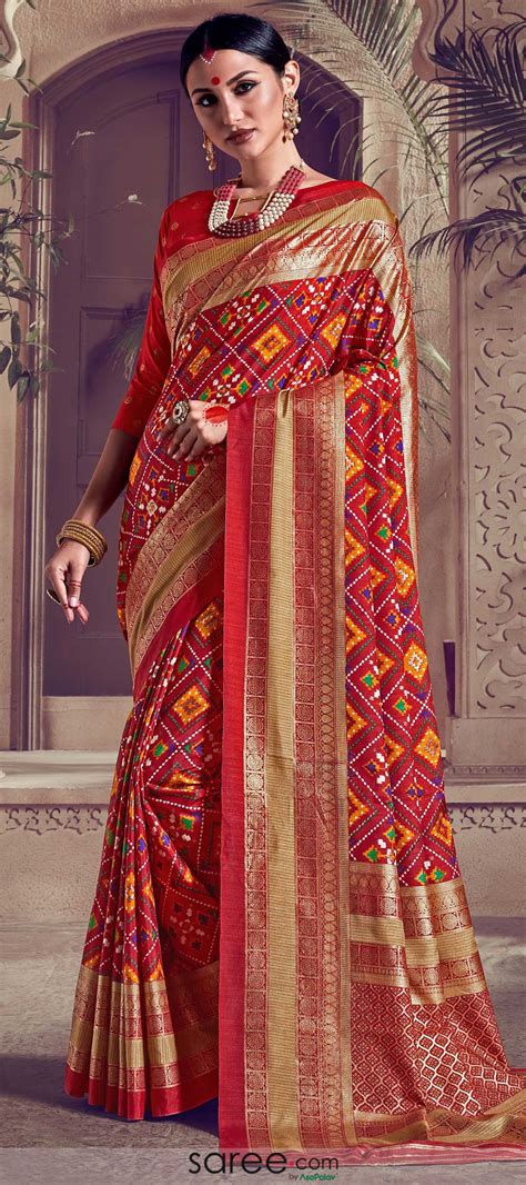 red kanchipuram art silk woven saree with patola print saree designs trendy sarees