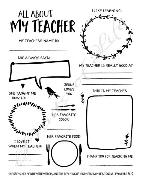All About My Teacher Female Instant Download Printable Etsy