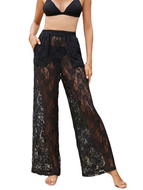 Liacowi Women Swimsuit Cover Up Pants Lace Sheer Wide Leg Beach Cover Ups Bathing Suit Pants